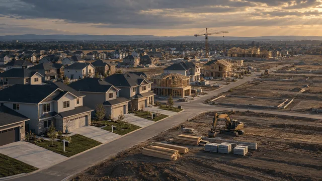 Aerial view of a suburban housing development at dusk, showing rows of newly built and partially constructed homes alongside idle construction equipment, symbolizing a homebuilder scaling back production amid a slowing market.
