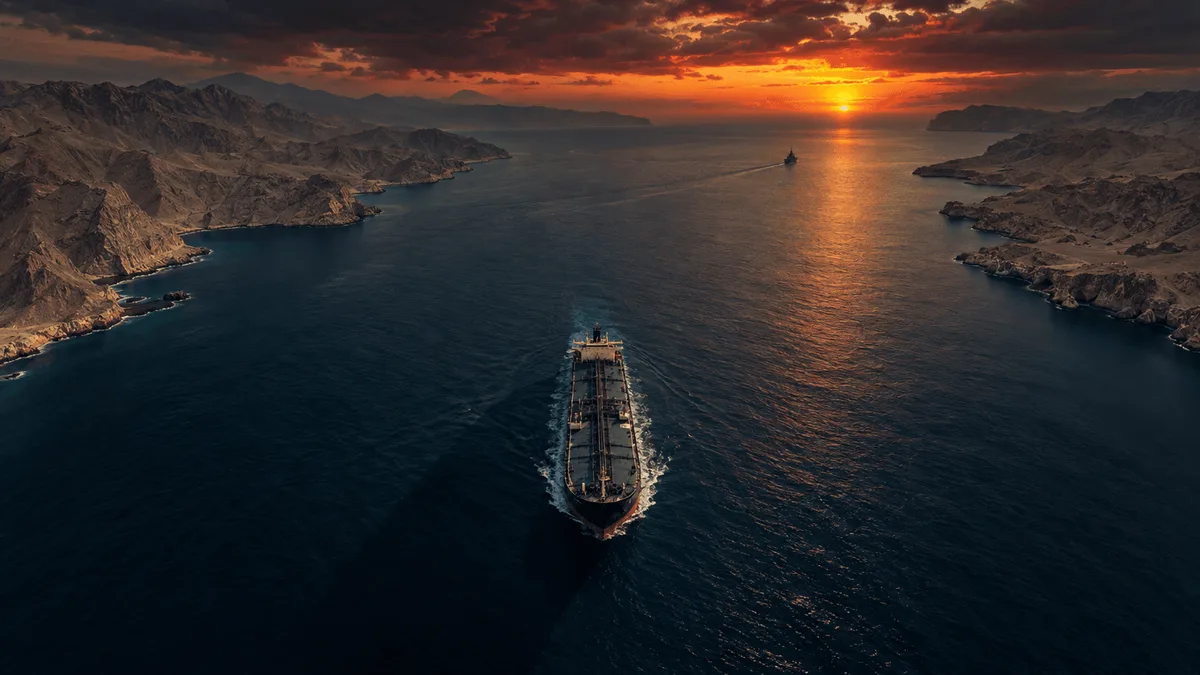 Aerial view of a solitary tanker moving through the Strait of Hormuz at dusk, with a distant naval vessel visible under a tense, amber-red sky.