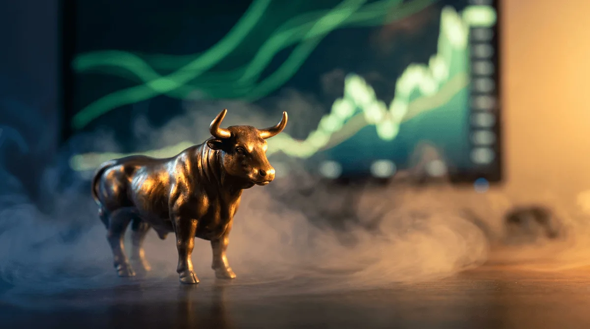 A powerful bull statue or figurine stands confidently in the foreground, illuminated against a backdrop of glowing green stock charts and upward-trending graph lines. The scene captures a sense of hidden strength, with the bull emerging from a misty or shadowy surface — symbolizing the "beneath the surface" market strength described in the article. Warm golden light bathes the composition, reinforcing the optimistic, opportunity-driven tone of the piece.