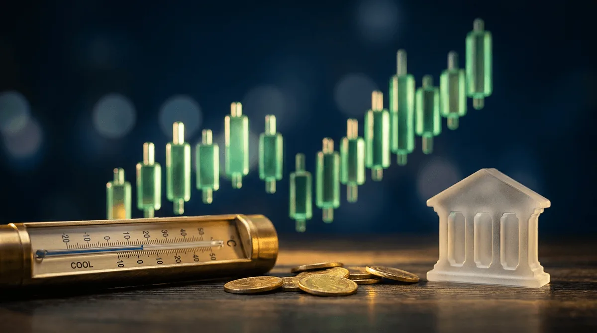 A dynamic upward-trending stock chart rendered in bold green fills the frame, with glowing digital candlesticks climbing sharply against a deep navy blue background.