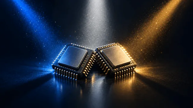 Two closely placed semiconductor chip modules lit by three distinct colored light beams converging from different directions against a dark studio background.