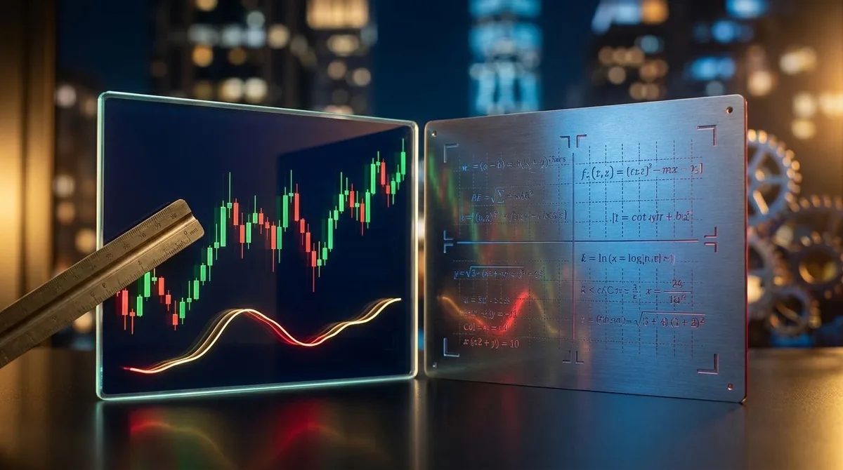 A split-screen chart visualization shows a candlestick stock chart on one side with a highlighted ATR indicator wave flowing beneath it, while the other side displays a clean mathematical grid with position size calculations and bracket-sty