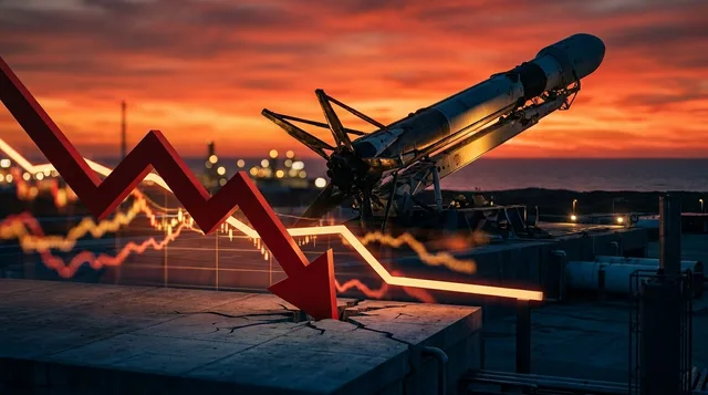 A SpaceX Falcon 9 rocket stands on a launch pad, but instead of launching upward, it is depicted tilting or falling downward against a dramatic red-tinted sky.