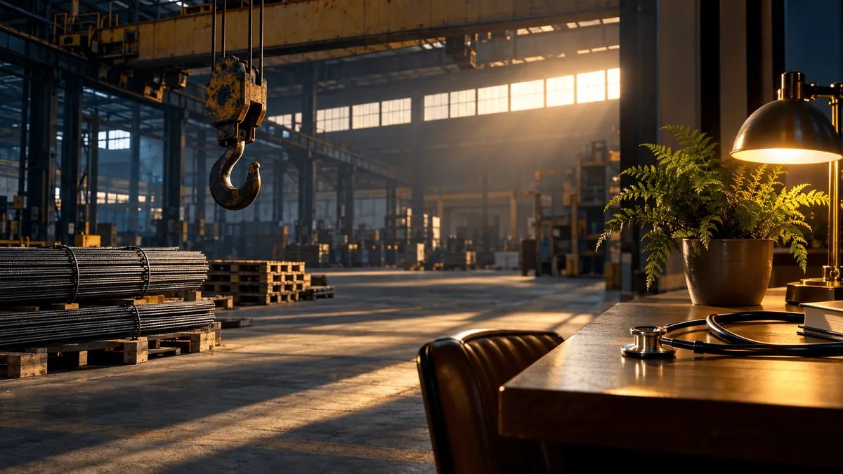 A steel factory crane sits idle on an empty assembly floor, its hook swaying slightly above a stack of unused rebar and pallets.