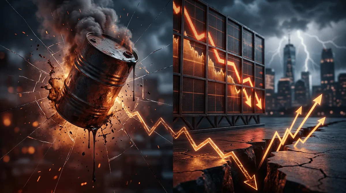A dramatic split-screen composition showing a crashing oil barrel plunging downward on one side, with a glowing stock market ticker board displaying red downward arrows on the other, set against a dark, stormy financial backdrop.