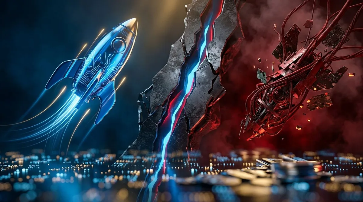 A dramatic split-screen visualization of the tech sector showing a sharp divergence — one side featuring a rocket or soaring stock chart climbing steeply upward, the other side showing a plummeting graph or falling object, both set against a dark, high-contrast background. In the foreground or center, a bold visual gap or chasm separates the two extremes, emphasizing the extreme dispersion theme. The overall mood should feel urgent and data-driven, with electric blue and red tones evoking both o