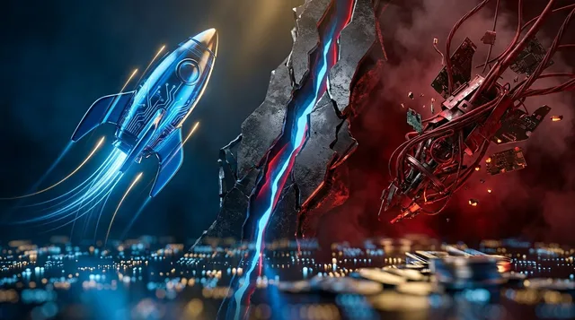 A dramatic split-screen visualization of the tech sector showing a sharp divergence — one side featuring a rocket or soaring stock chart climbing steeply upward, the other side showing a plummeting graph or falling object, both set against a dark, high-contrast background. In the foreground or center, a bold visual gap or chasm separates the two extremes, emphasizing the extreme dispersion theme. The overall mood should feel urgent and data-driven, with electric blue and red tones evoking both o