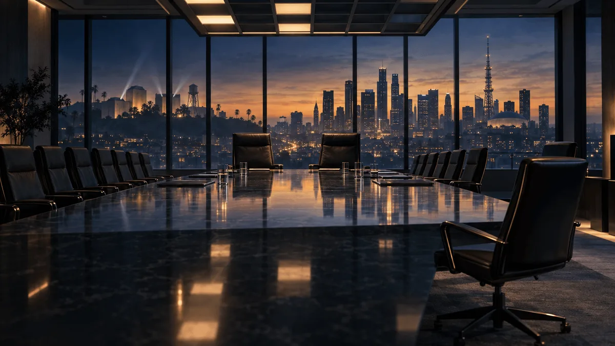 A dim, grand boardroom with two prominent chairs at the head of a long table, rows of chairs receding into shadow, and a city skyline merging two silhouettes visible through the windows, symbolizing a corporate leadership restructuring.
