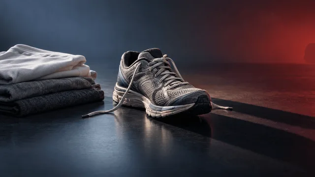 A single athletic shoe and folded apparel on a reflective dark surface, lit dramatically with a shadow extending across a gray-to-red gradient background, symbolizing shifting global sales performance.