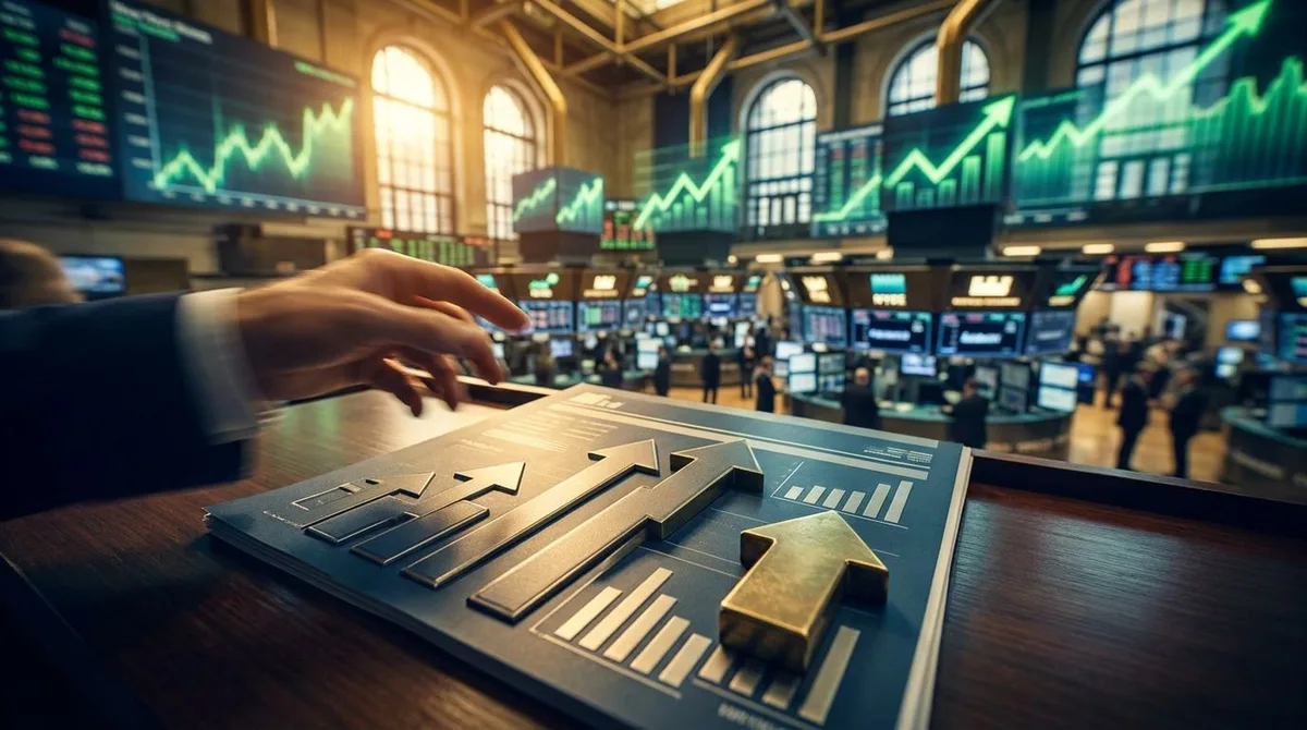 A dramatic wide-angle shot of the New York Stock Exchange trading floor filled with activity, with glowing green ticker numbers and upward-trending stock chart lines projected or displayed on large screens in the background.