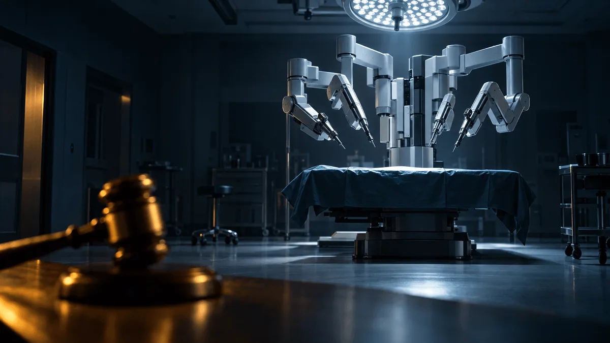 A surgical robotic system stands illuminated under cold light in an empty operating room, with a blurred gavel in the foreground symbolizing a legal settlement.