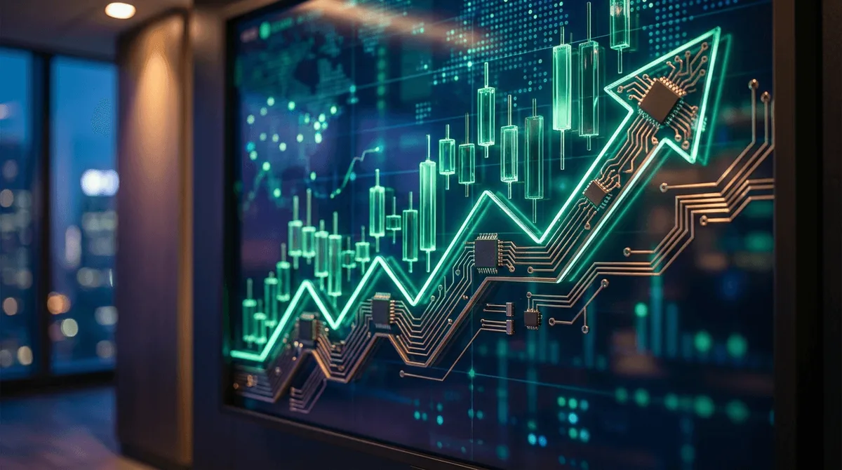 A dynamic upward-trending stock chart dominates the frame, with bold green candlesticks surging higher against a dark financial dashboard background filled with glowing data visualizations.