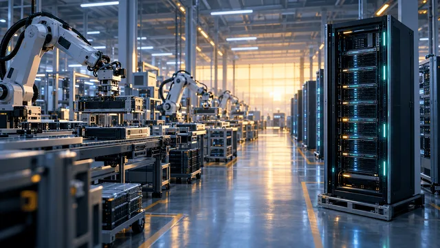 Wide shot of an automated electronics manufacturing facility with server racks and robotic assembly arms, lit by cool industrial lighting, symbolizing large-scale AI infrastructure production.