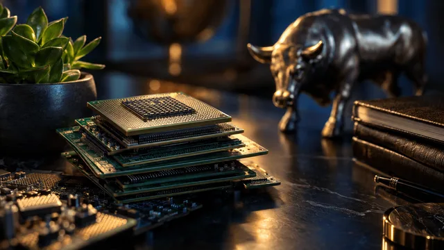 A close-up of a stack of computer chips and circuit boards on a polished dark desk, catching a warm overhead light, arranged beside a small green potted succulent to suggest growth.
