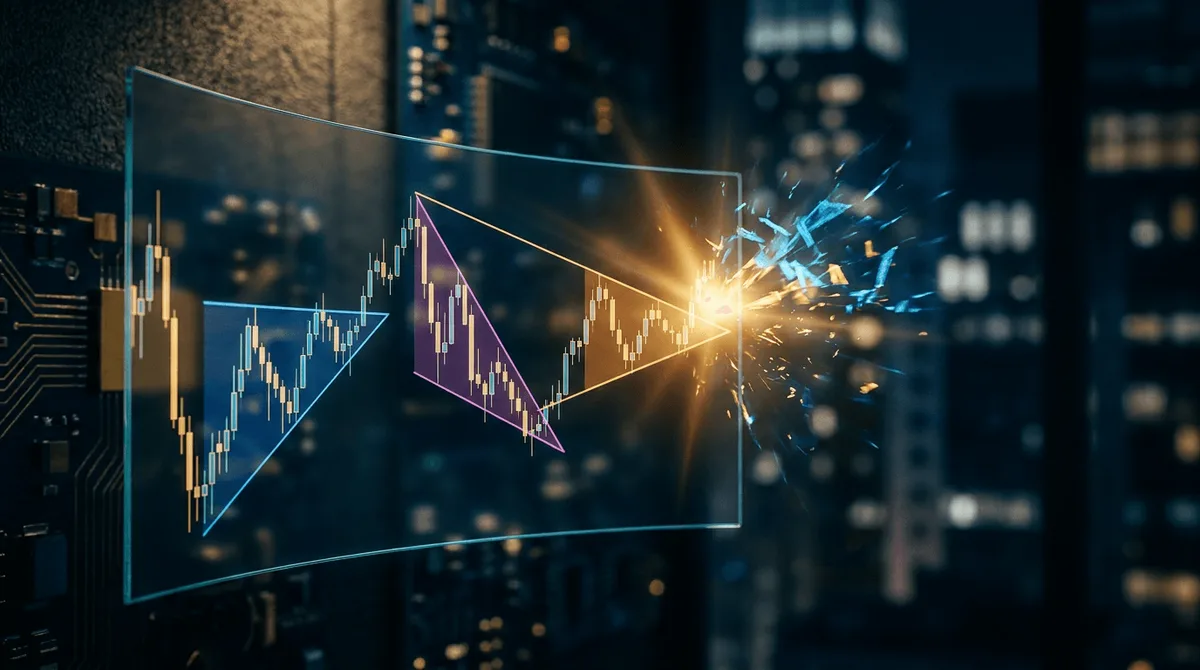 A close-up view of a glowing stock chart on a dark screen, with three distinct triangle formations highlighted in different colors — ascending, descending, and symmetrical — their converging trendlines clearly visible against candlestick pr