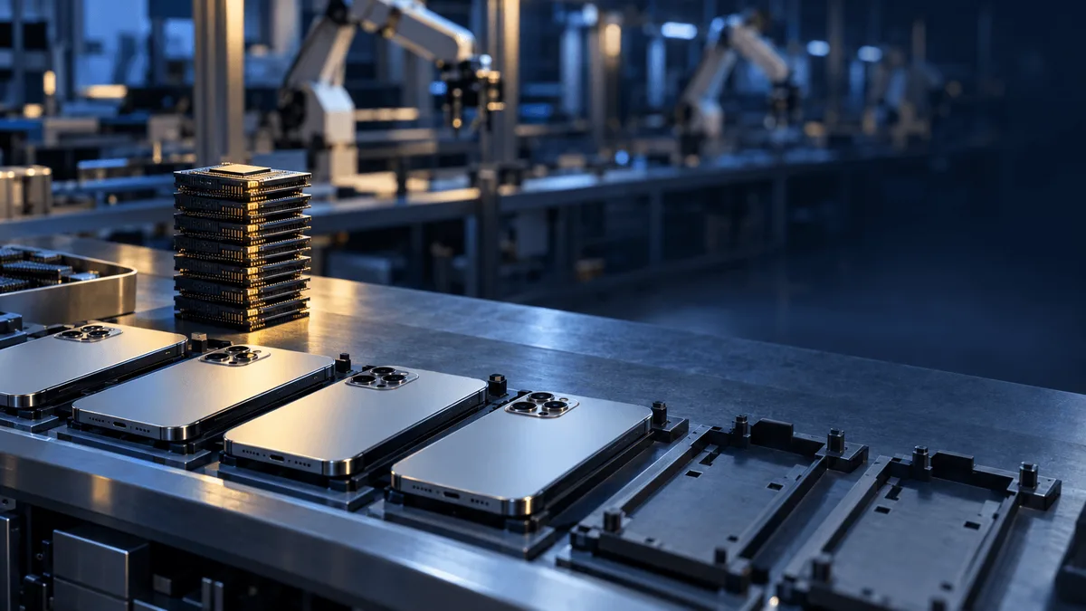 A row of unbranded premium smartphone bodies on an assembly bench trails into empty, unfilled fixtures beside a stack of memory chip modules, with a paused assembly line fading into the background.