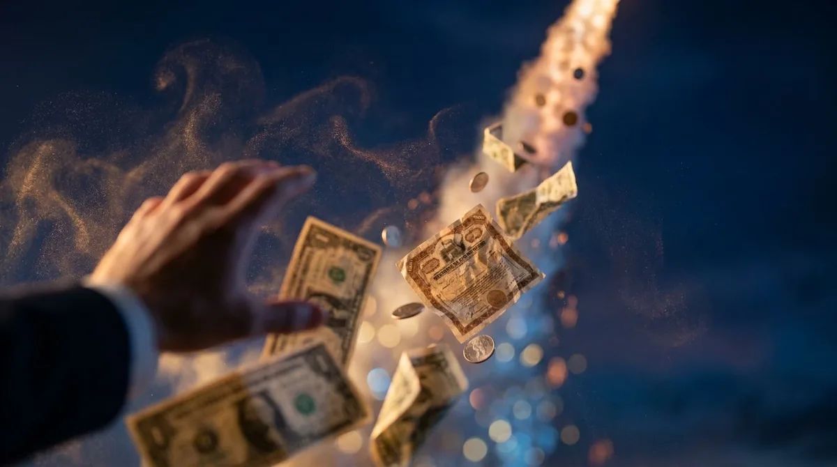 A SpaceX rocket launching dramatically against a dark sky, with a swarm of paper currency or dollar bills swirling chaotically around its exhaust plume, visually representing the collision of space ambition with volatile financial speculati