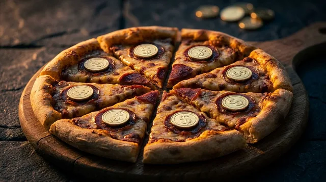 A close-up of a perfectly divided pizza with each slice containing a small gold coin or dollar sign embedded in the toppings, set against a dark, dramatic background.