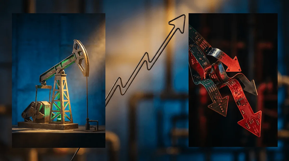 A split-screen composition showing a glowing green oil derrick or energy sector symbol rising sharply upward on one side, while the other side depicts a sea of red downward arrows and falling stock ticker graphs fading into darkness.
