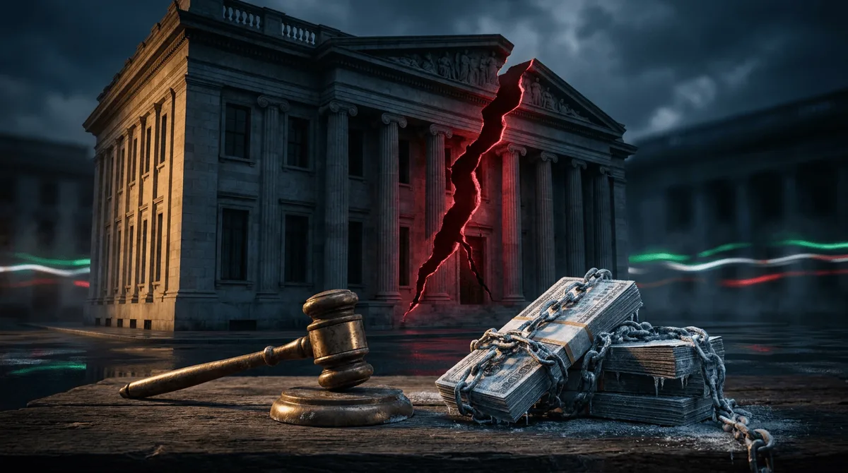 A dramatic, high-contrast image of a large classical bank building (columned facade) with a bold red "SANCTIONED" stamp or crack splitting across its front, set against a dark background with subtle Iranian flag-inspired color accents (gree