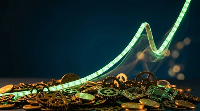 A dramatic upward-shooting stock chart rendered in bright green against a dark background, with a massive crowd of small human figures at the base collectively pushing the price line skyward with their hands.