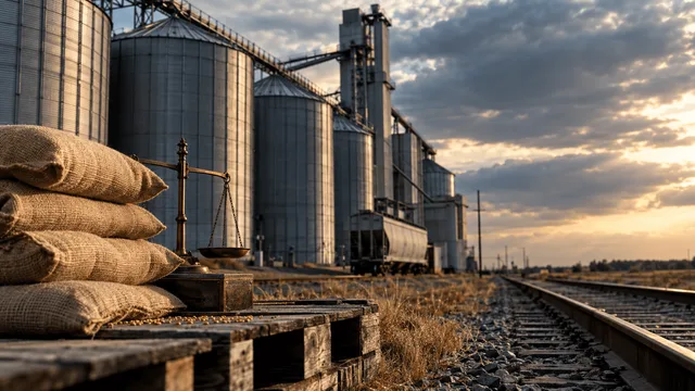 A grain elevator's steel storage silos stand in rows under an overcast sky, their corrugated surfaces catching flat midday light, with a single rail car parked on the siding beside them waiting to be loaded.