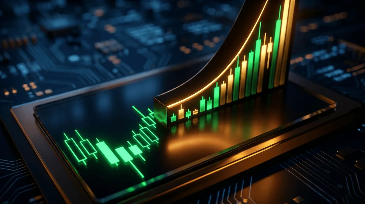 A dramatic close-up of glowing green candlestick charts rising upward against a dark background, with one prominent hammer candlestick pattern highlighted in bright emerald green at the bottom of a downtrend.