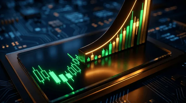 A dramatic close-up of glowing green candlestick charts rising upward against a dark background, with one prominent hammer candlestick pattern highlighted in bright emerald green at the bottom of a downtrend.