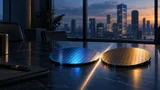 Two semiconductor wafers—one cool-toned, one warm-toned—sit close together on a polished boardroom table under a fixed beam of light, with a dim financial skyline blurred in the background.