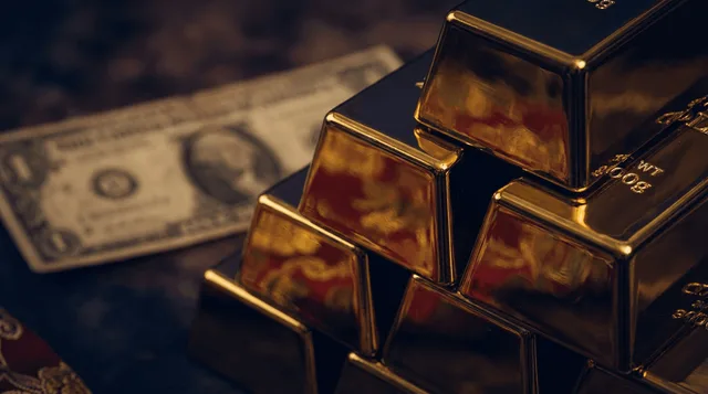 A dramatic close-up of gleaming gold bars stacked in an imposing formation, with a subtle red and gold Chinese aesthetic or flag element reflected in their polished surfaces.