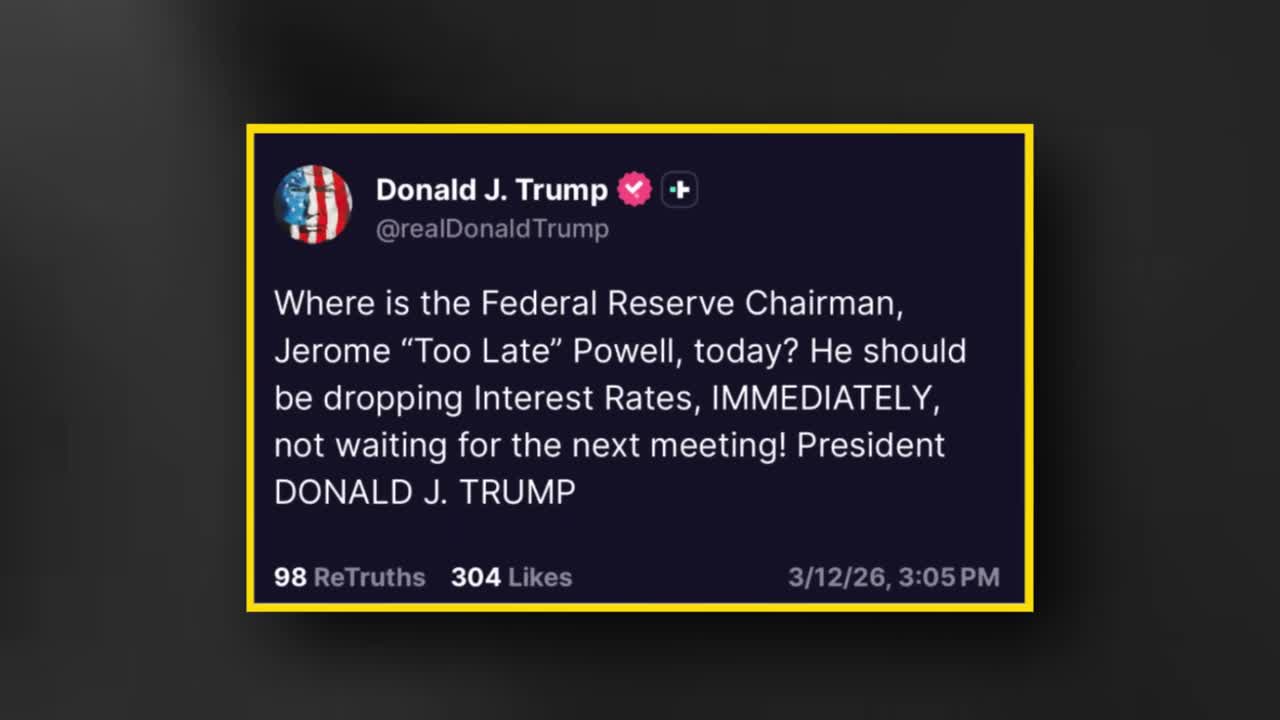 Truth Social post from Donald J. Trump demanding Federal Reserve Chairman Jerome Powell drop interest rates immediately, dated 3/12/26
