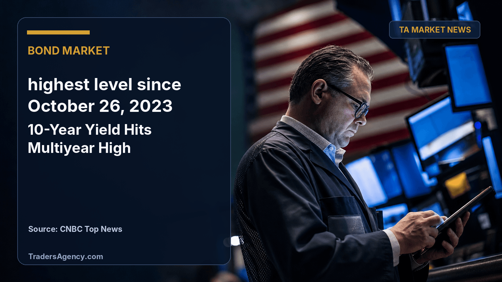 Editorial illustration of a stressed trading floor professional working amid glowing screens, evoking a Treasury yield spike.