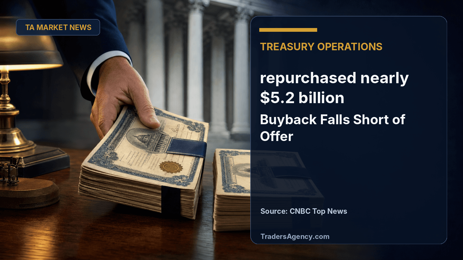 Editorial illustration of a hand collecting half a stack of bond certificates while the other half remains untouched, symbolizing a partial Treasury buyback.
