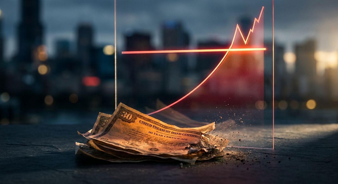 A dramatic upward-trending yield curve graph rendered in glowing amber or red against a dark background, with a bold threshold line representing the critical 5.161% level about to be breached.