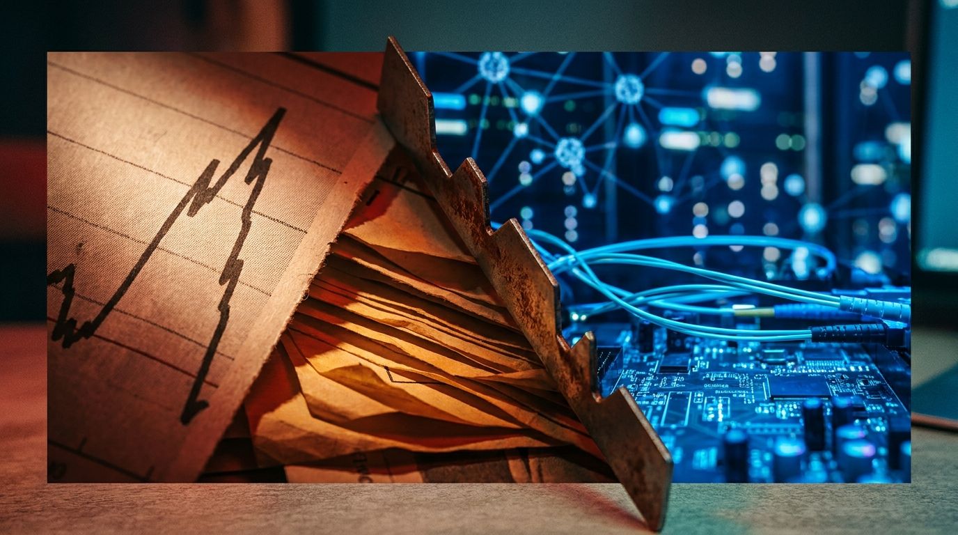 A split-screen or layered composition showing a vintage 2000s-era stock market chart spiking dramatically upward and crashing on one side, contrasted with a modern, sleek digital visualization of tech infrastructure — glowing circuit boards, AI neural networks, or server racks — on the other. The two halves are separated by a bold visual dividing line, symbolizing the comparison between past speculation and today's fundamentals-driven market. The overall color palette shifts from a faded, cautio