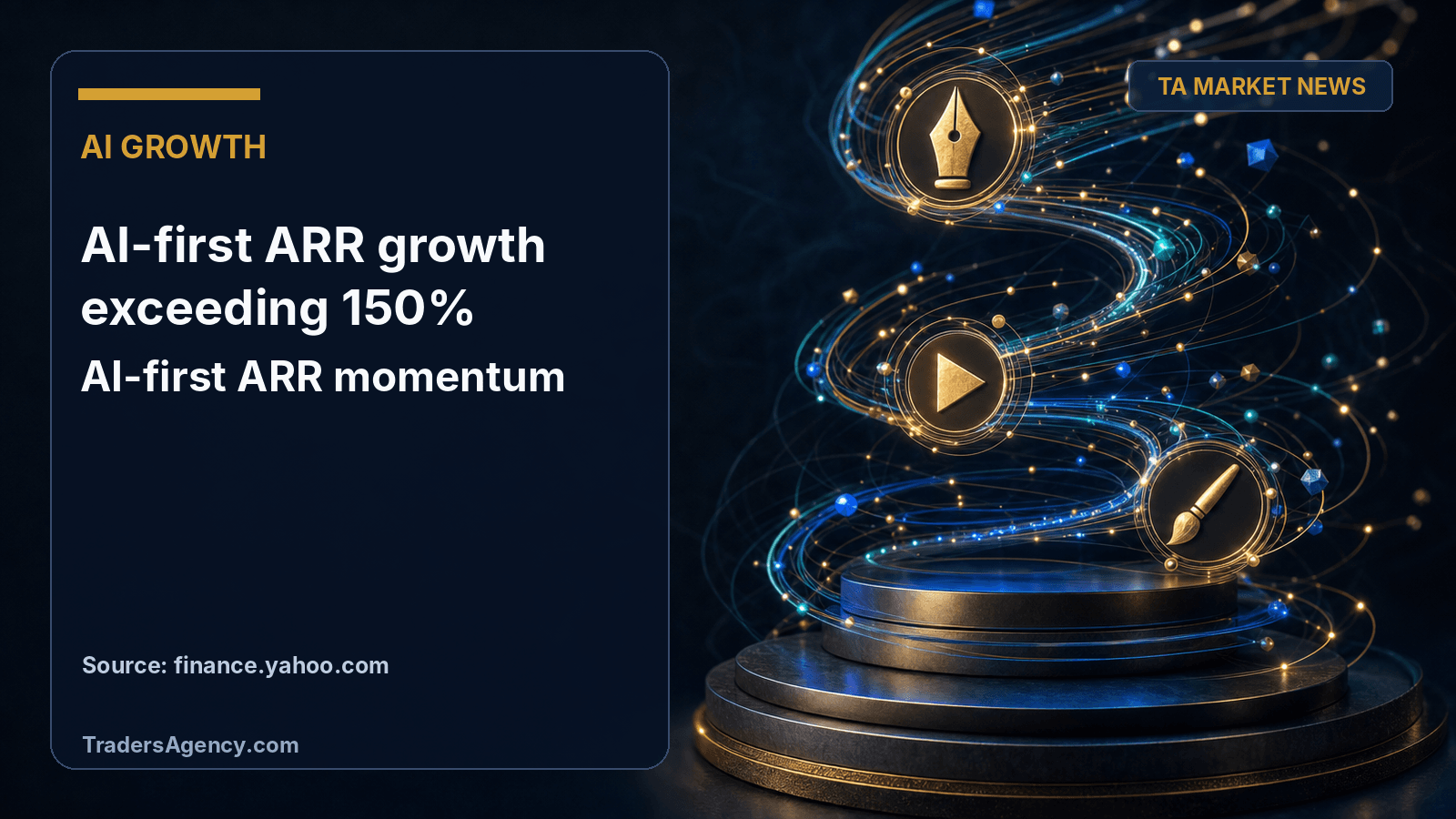 Abstract illustration of glowing creative-tool icons spiraling upward, symbolizing accelerating AI-related recurring revenue growth.