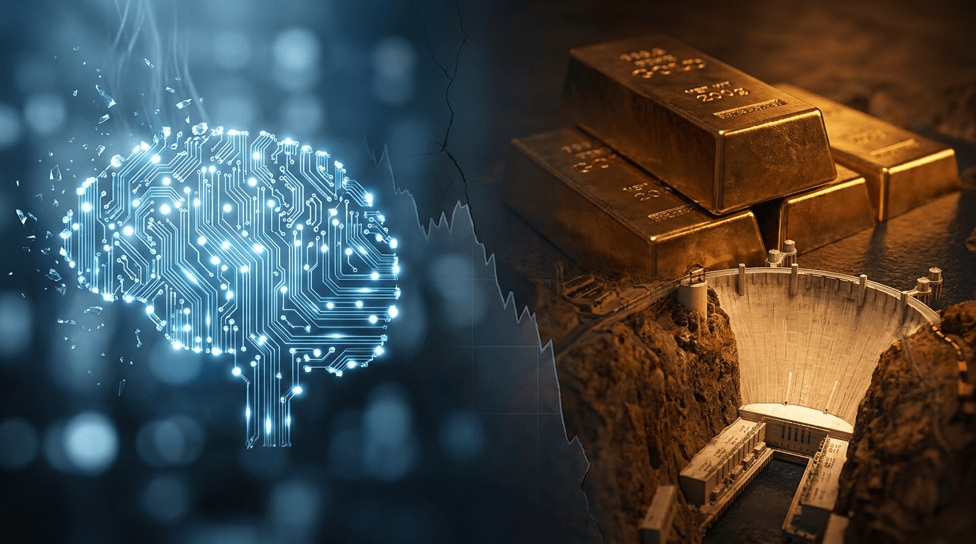 A dramatic split-composition image: on one side, a glowing digital brain or AI chip dissolving into fading, transparent fragments (symbolizing intelligence becoming worthless and commoditized), and on the other side, solid, tangible assets—