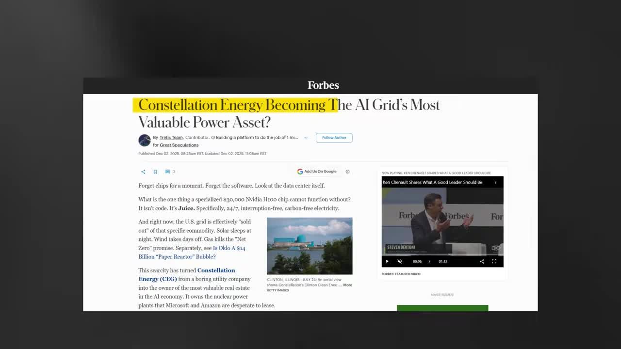 Forbes article headline: 'Constellation Energy Becoming The AI Grid's Most Valuable Power Asset?' with article text discussing the critical need for 24/7 carbon-free electricity for AI data centers