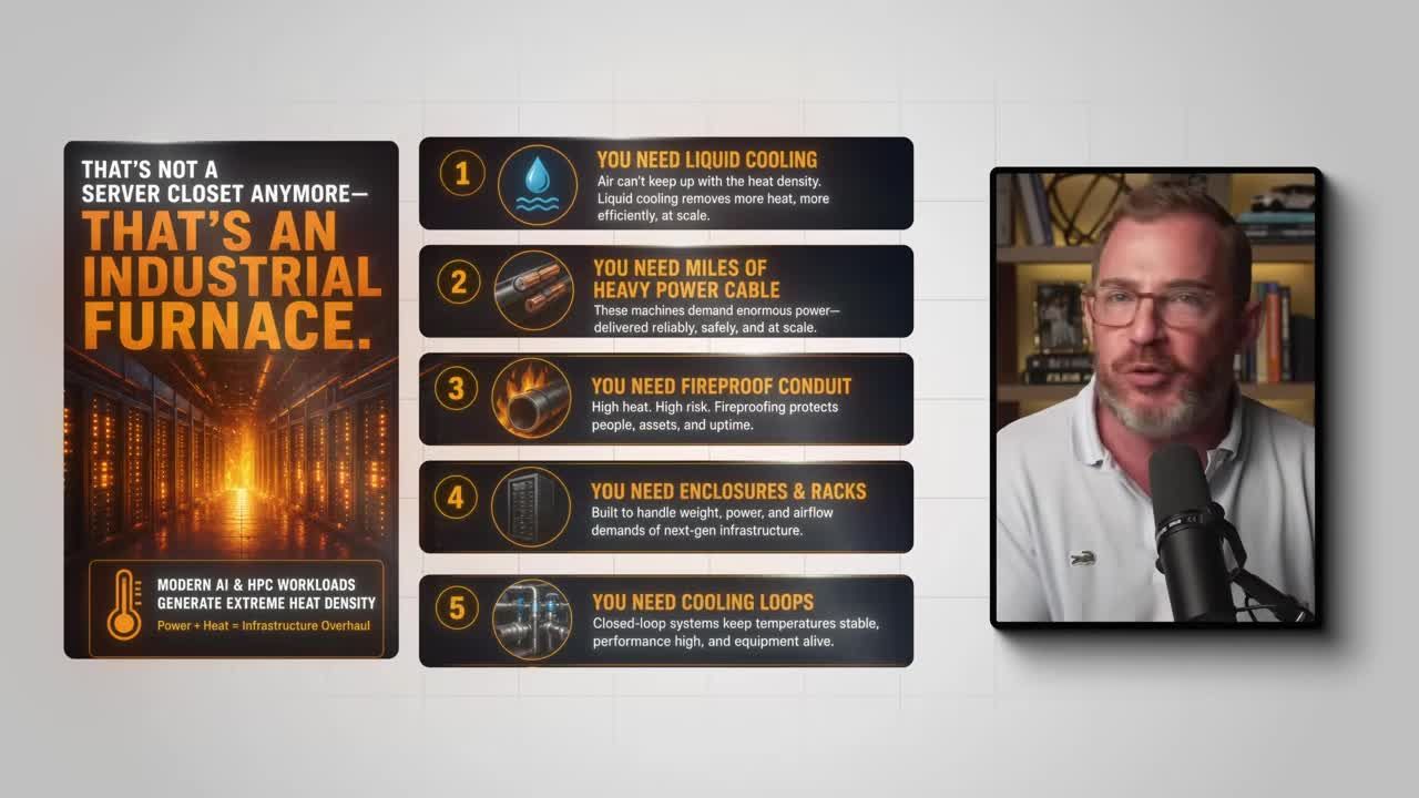 Infographic titled 'That's Not a Server Closet Anymore, That's an Industrial Furnace' listing five critical physical infrastructure needs for AI data centers: (1) Liquid Cooling, (2) Miles of Heavy Power Cable, (3) Fireproof Conduit, (4) Enclosures & Racks, and (5) Cooling Loops