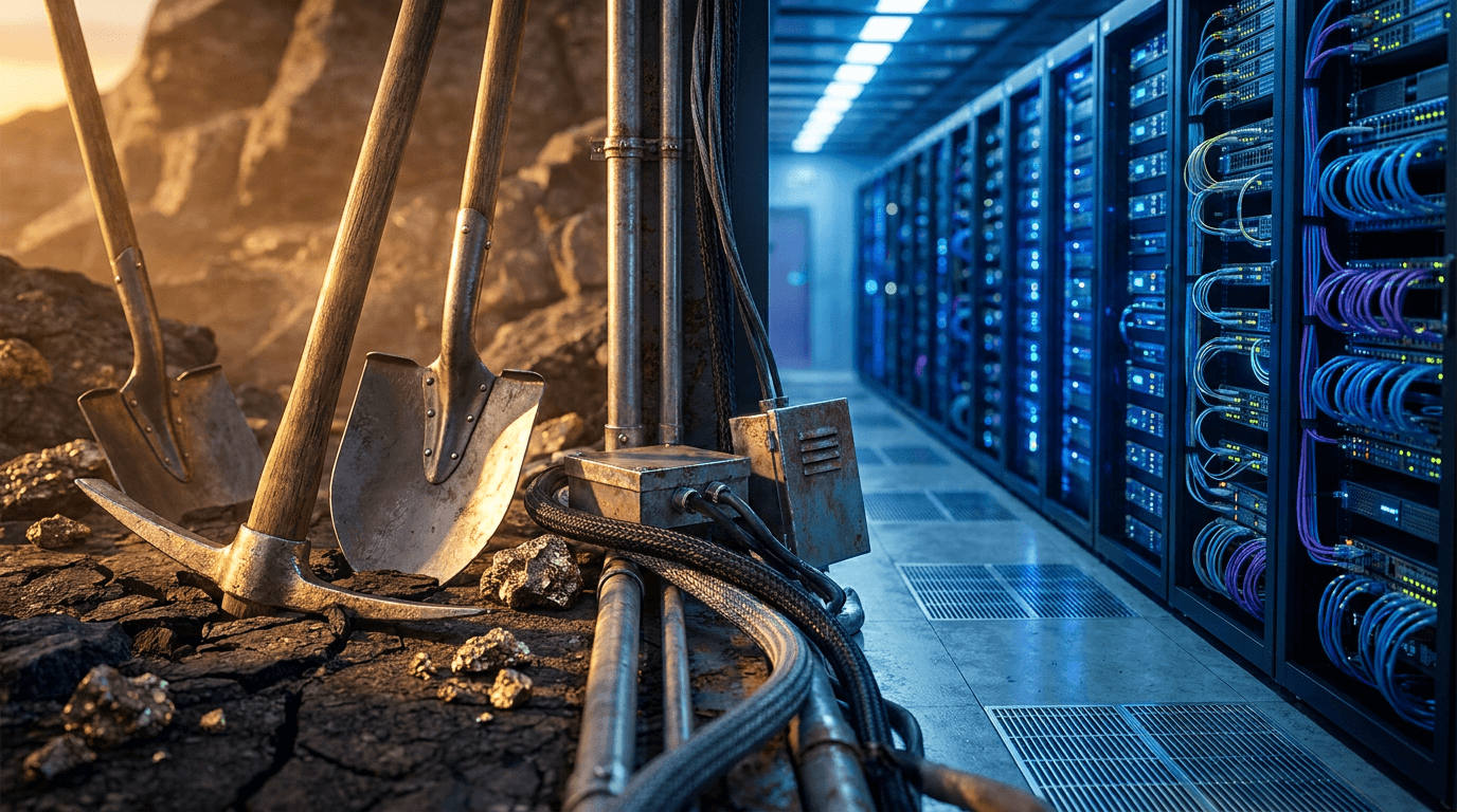 A dramatic split-scene image showing gleaming gold mining picks and shovels in the foreground, transitioning into a glowing, futuristic AI data center filled with blue-lit server racks and dense cable infrastructure in the background.