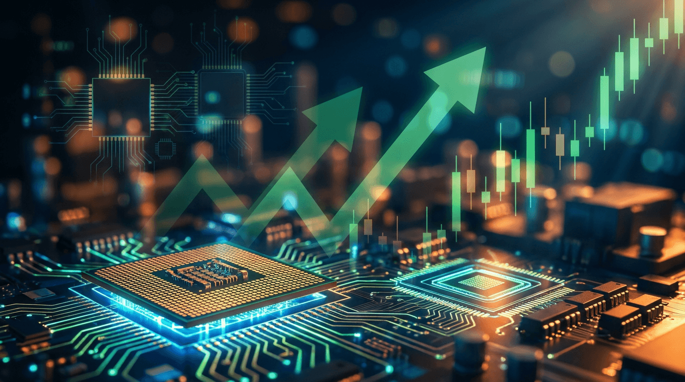 A dynamic stock market scene featuring glowing green upward-trending arrows and candlestick charts rising sharply against a dark background, with holographic circuit board patterns and microchip imagery subtly integrated into the compositio