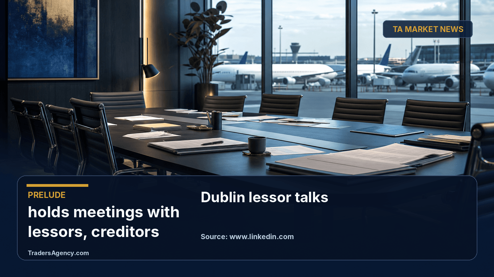 Illustration of an empty conference room overlooking an airport, representing airline restructuring meetings with lessors and creditors.