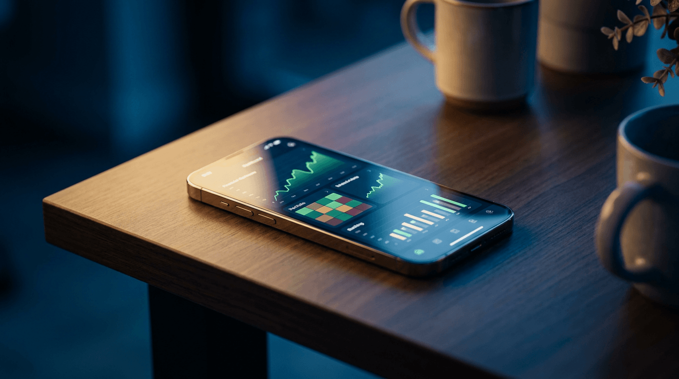A clean, modern smartphone displaying a unified financial dashboard with both banking and investment charts visible on screen, placed on a minimalist desk surface.