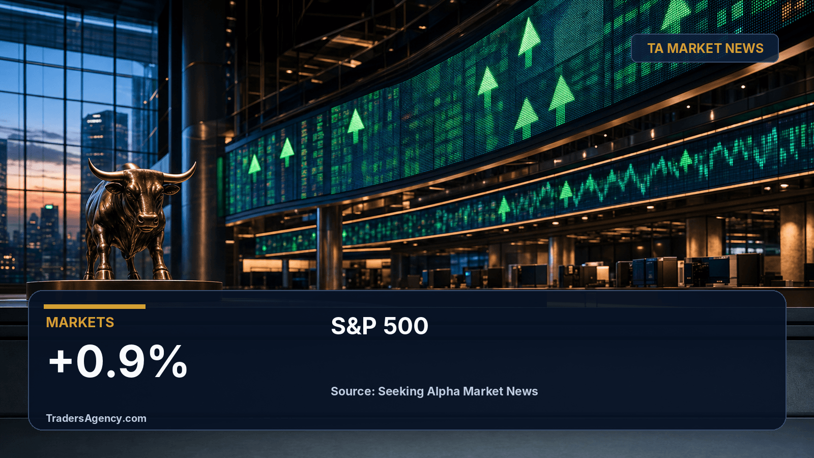 Conceptual illustration of a trading floor with rising index arrows and a softer oil barrel icon, representing stocks up and oil down.
