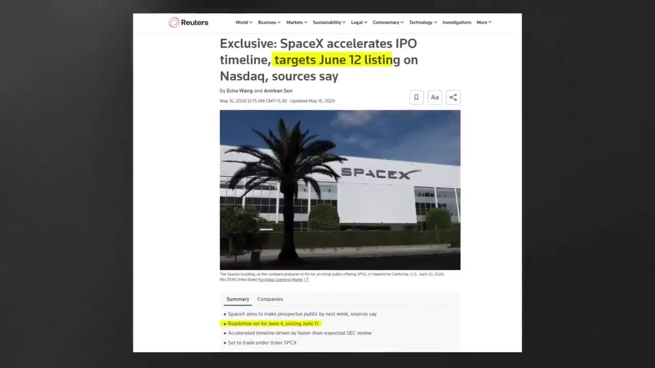 SpaceX IPO timeline details including roadshow week of June 8, pricing June 11, and first trade June 12