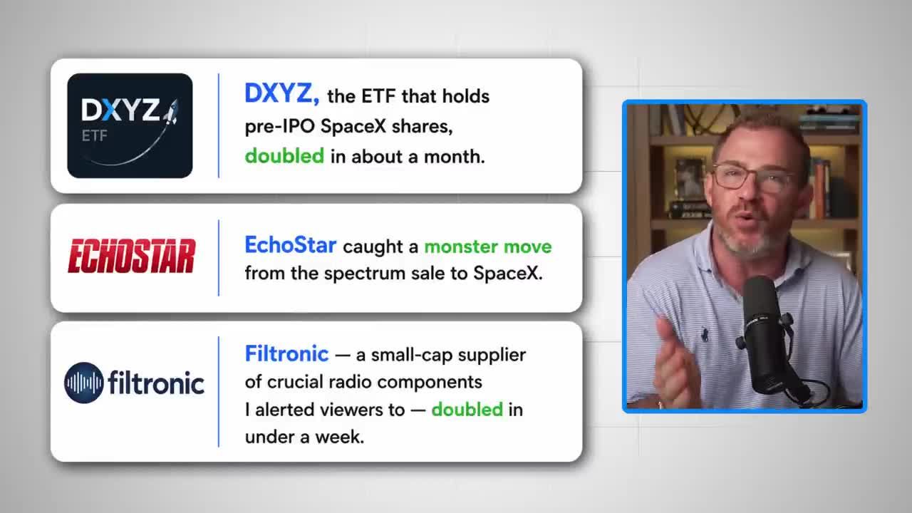 Graphic showing three previous successful SpaceX backdoor trades: DXYZ ETF doubled in about a month, EchoStar caught a monster move from spectrum sale to SpaceX, and Filtronic doubled in under a week