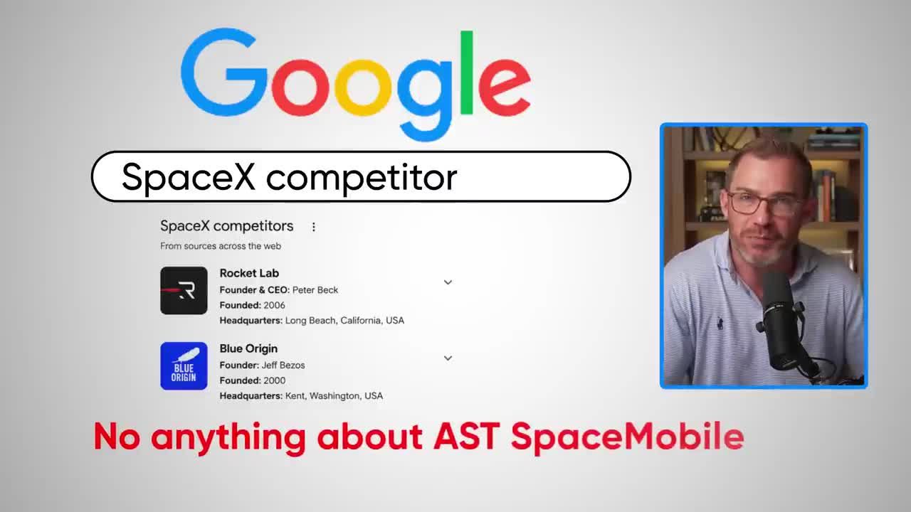 Google search results for 'SpaceX competitor' showing Rocket Lab and Blue Origin but no mention of AST SpaceMobile