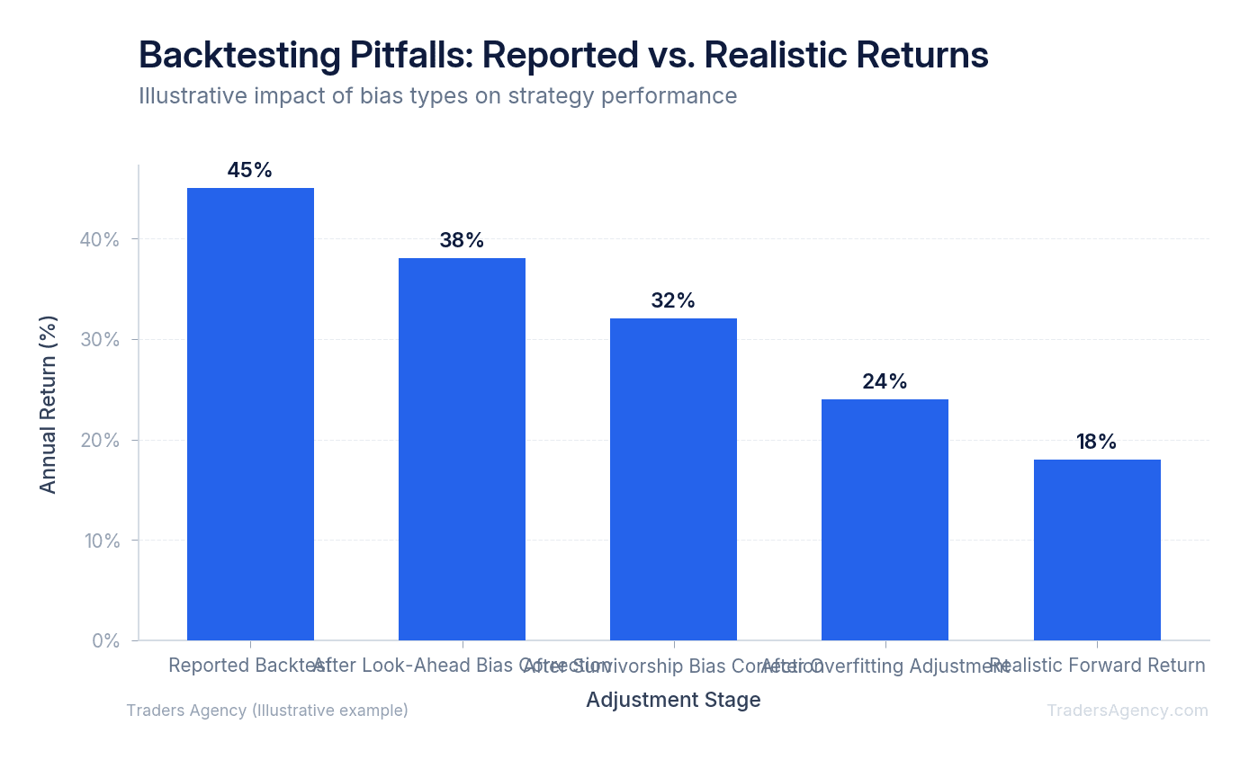 Bar chart comparing reported backtest returns versus realistic returns after accounting for look-ahead bias, survivorship bias, and overfitting