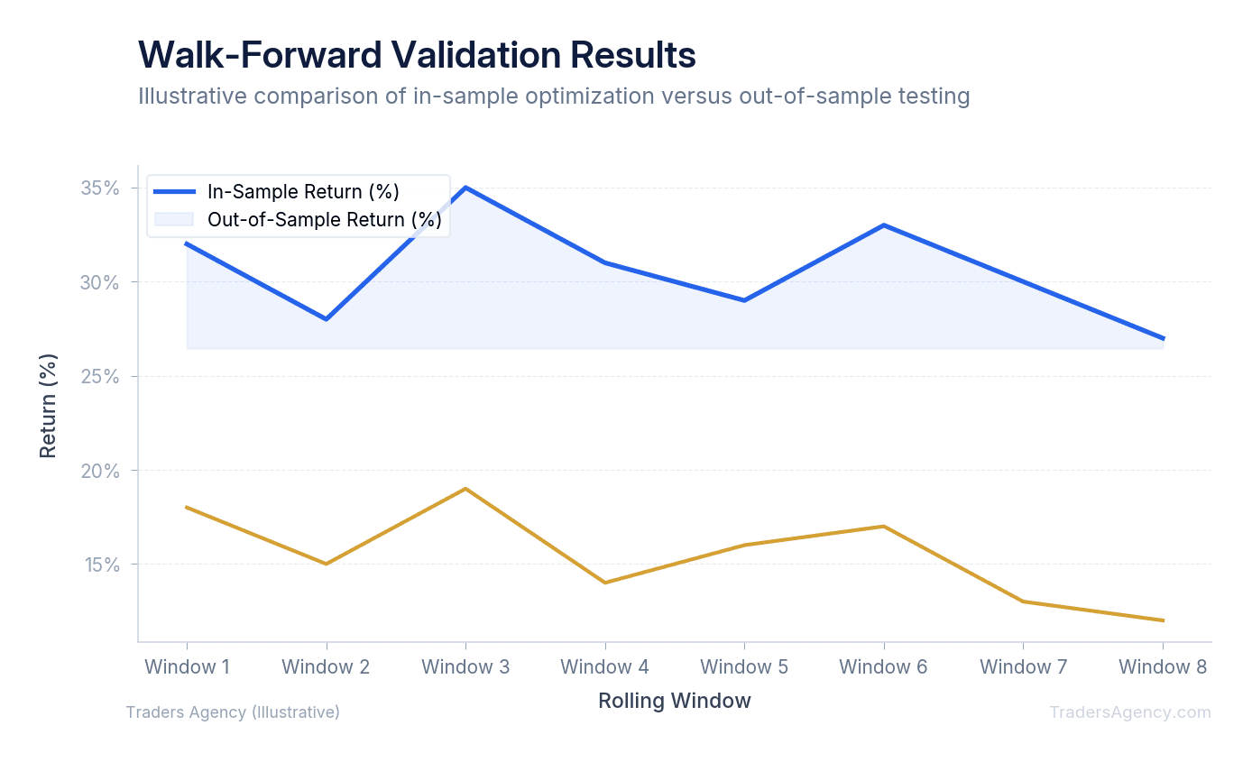Multi-line chart showing in-sample backtest returns versus out-of-sample forward test returns across multiple rolling windows
