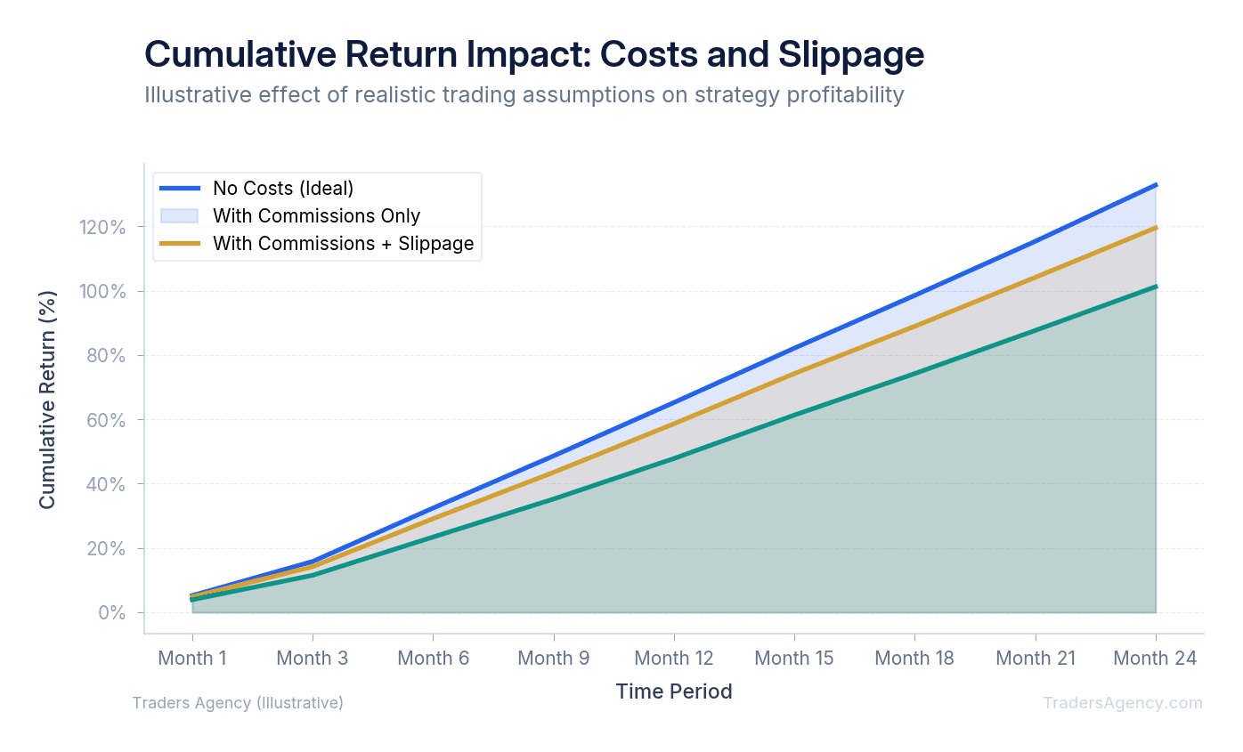 Area chart showing cumulative returns declining progressively as commissions and slippage are added to backtest assumptions